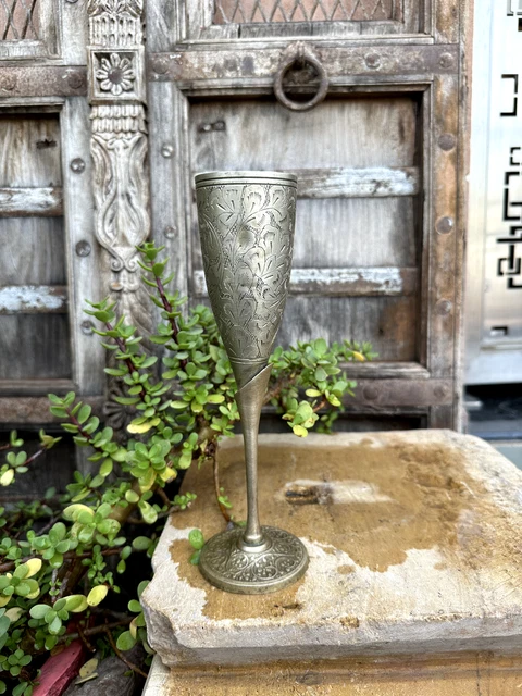Antique Old Brass Hand Carved Floral Beautiful Wine Cup Glass