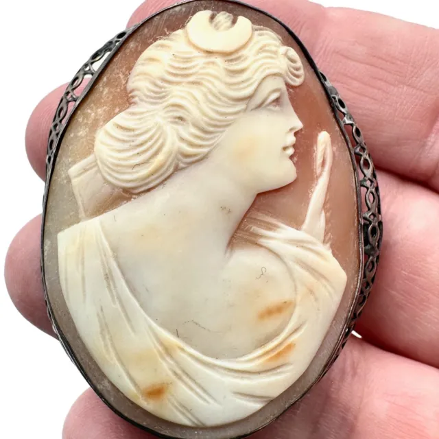 Antique Vintage Womens Brooch Sterling Silver Carved Shell Cameo Unique