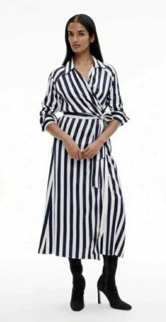 WITCHERY Navy Blue White Silky Wrap Front Midi Maxi Dress Size 12 Rrp $249 BNWOT