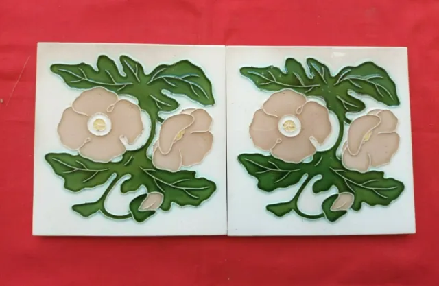 2 Pieces Old Art Flower Design Majolica Ceramic Tiles Japan 0039