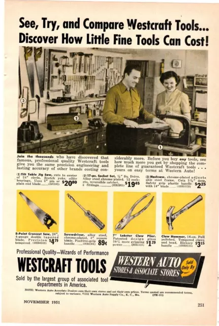 1951 Print Ad Western Auto Stores Associate Stores Westcraft Tools Saw Hammer