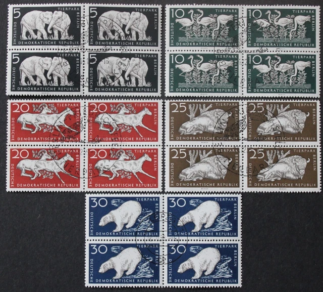 DDR: Mi.-Nr. 551-552/554-556 "Tierpark Berlin" 1956, 5x Viererblock, gestempelt