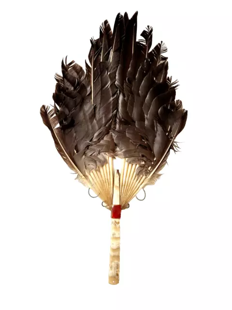 Vintage Feather Hand Fan or Wall Decor Handmade Brown Feathers  18 x 10 inch