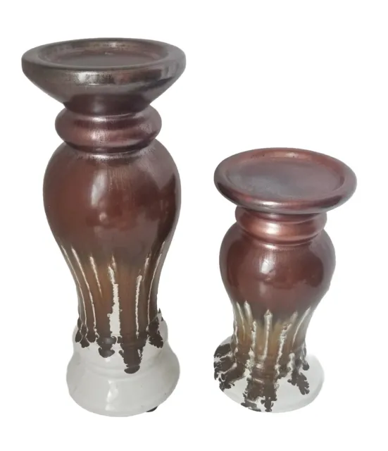 Pillar Candle Holder Ceramic Pottery Cream Bronze Drip Glaze lot of Two