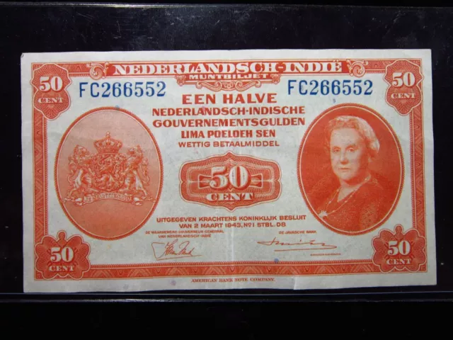NETHERLANDS EAST INDIES 50 Cents 1943 Dutch Indonesia Muntbiljet Money h6552