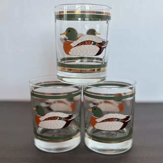 Vintage LIBBEY MALLARD DUCK Drinking Glasses Low Ball Gold Accent Set Of 3 MCM