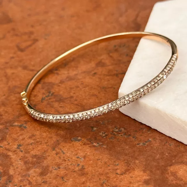 Vintage 14K Rose Gold Genuine Pave Diamond Curved Oval Cuff Bangle Bracelet