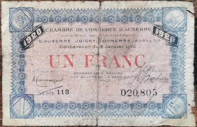 Billet 1 franc Chambre de commerce d'AUXERRE 1920 - nécessité - série 113 020805