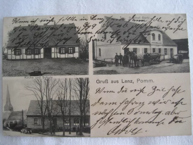 AK Lenz i. Pommern / Gasthaus Bartz, Kirche u. Schule um 1914