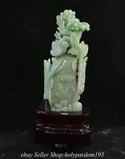 12.4" Old Chinese Natural Emerald Jade jadeite Carved Flower Bird Statue
