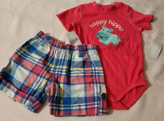 GYMBOREE Hippos & Blues Bodysuit Plaid Shorts Summer Outfit NWT 12-18 Month