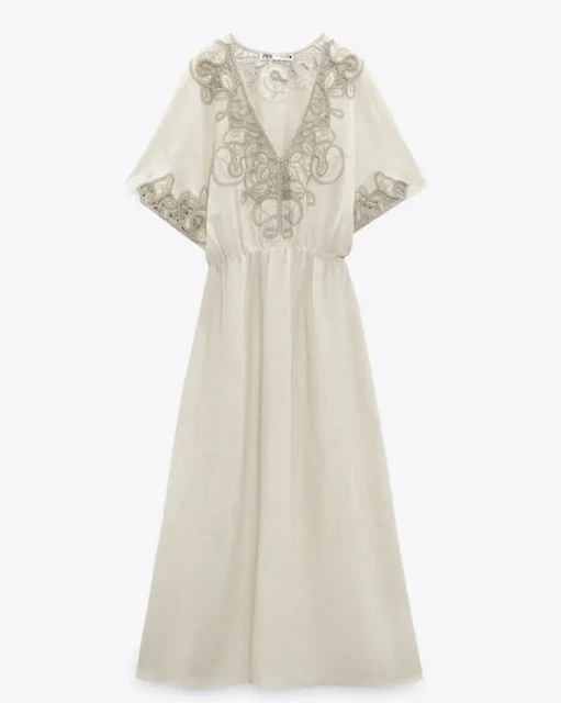 ZARA LINEN BLEND Embroidered Dress - Limited Edition Sand Size L Bnwt  4786/063 57.90 - PicClick UK