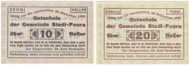 *2 Notgeldscheine der Gemeinde Stadl-Paura, O.-Ö.*10 + 20 Heller*1920*