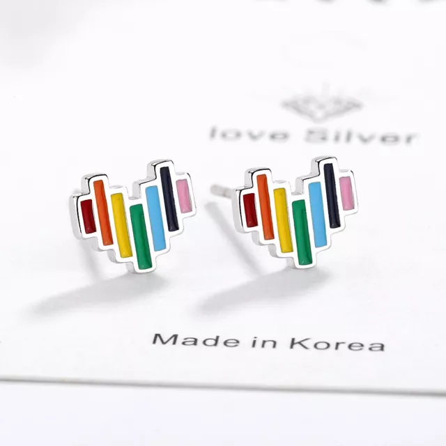 wholesale women 925 Sterling Silver rainbow heart stud earrings fashion jewelry