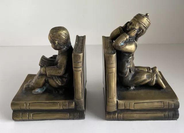 Pair Vintage Ronson Bookends Chinese Asian Children Metal