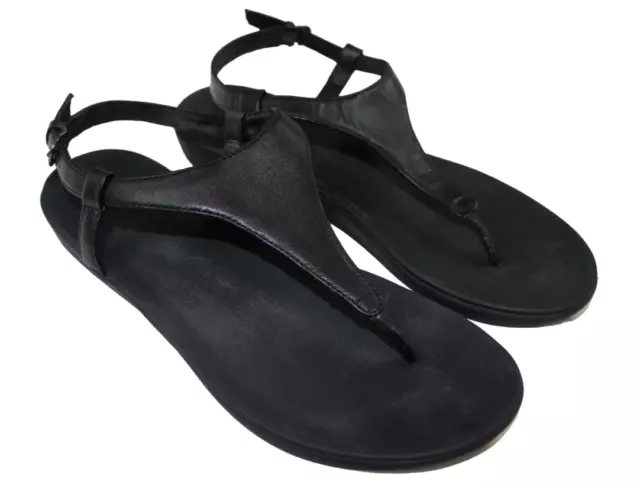 FitFlop Lainey Black Leather Toe Thong Wedge Sandals Womens Shoe Size 8