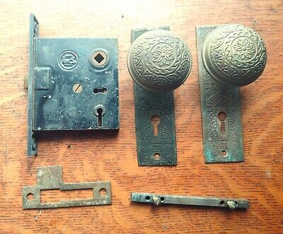 Antique Fancy Brass Door Set Doorplates Doorknobs, Lock "Windsor" Reading c1890