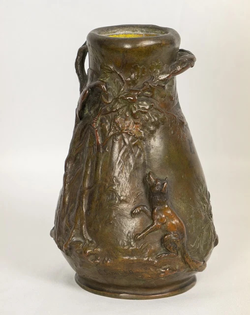 JOLI ANCIEN VASE En BRONZE à Décor D'oiseaux & Fleurs En Applique JAPON Asie 126552