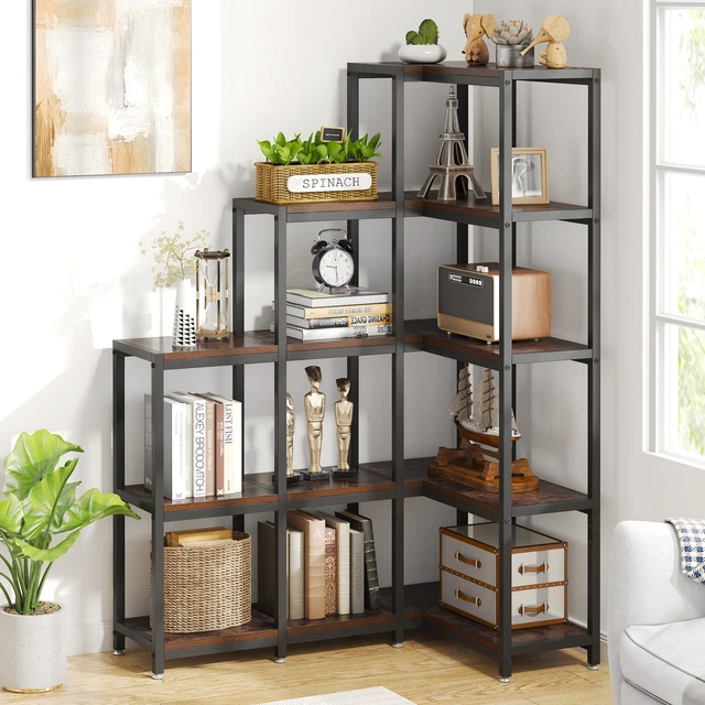5TIER L SHAPED Ladder Corner Bookshelf Bookcase Wood Open Display