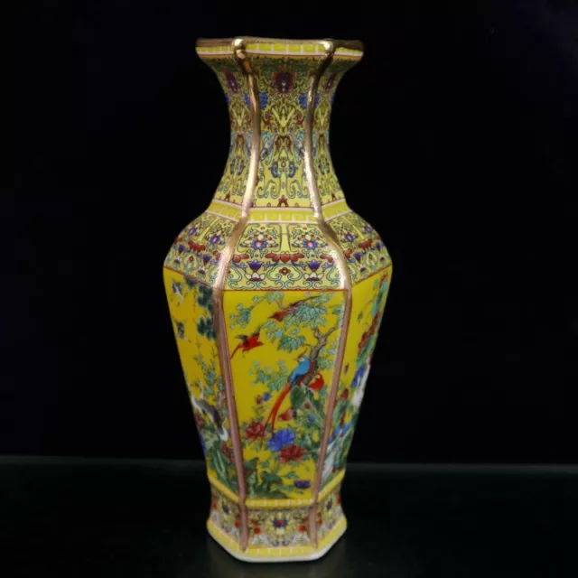 CHINESE Handmade Painted Cloisonne Porcelain Flower Bird EXQUISITE Vase YELLOW