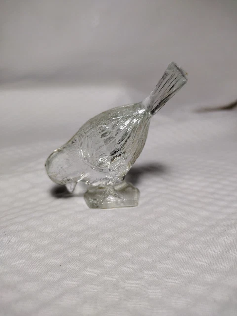 Clear Glass BIRD Mini Figurine Sparrow Head Down Tail Up Feeding vintage 2.25x3