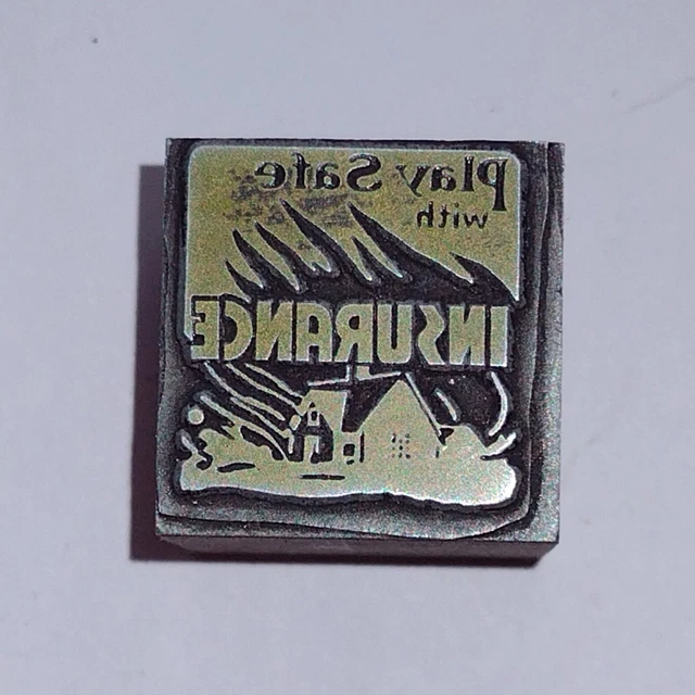 Play Safe With Insurance House Fire Image Letterpress Printers Block VTG
