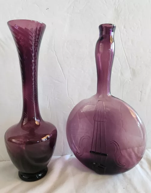 Hand Blown Pontiled Banjo Violin Bubbled  & BUD VASE Glass Bottle Purple 9" in