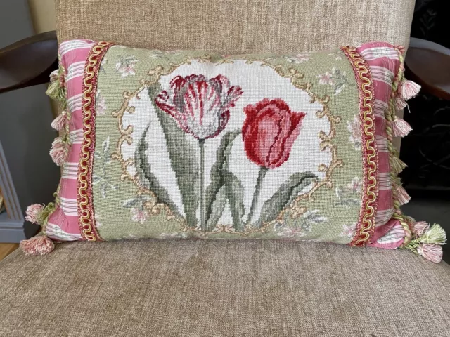 123 Creations Petit Needle Point Tulip Pillow w/Insert Pink White Plaid 12"X18"