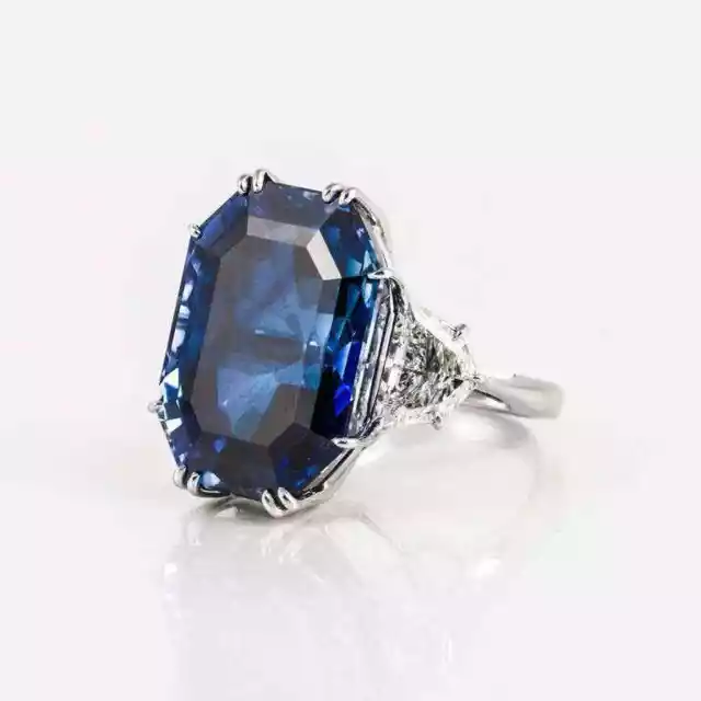 Features a Stunning Rectangular Cut Ceylon Blue Sapphire & Bright CZ 42TCW Ring