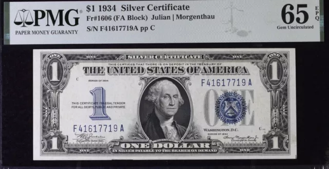 1934 $1(One Dollar) Fr#1606 (FA Block)1934 Silver Certificate PMG 65 EPQ Gem Unc