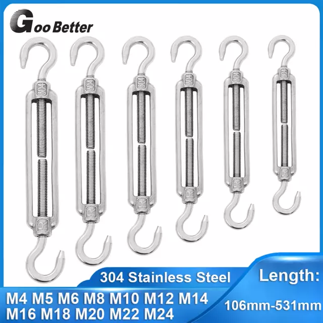 Hook & Hook Stainless Steel Open Body Turnbuckle Wire Rope Rigging Screw M4-M24