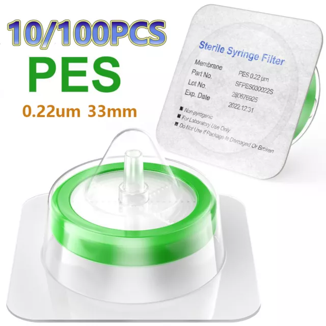 10/100pcs Sterile Syringe Filter PES Membrane 0.22um Pore Size, 33mm Individual