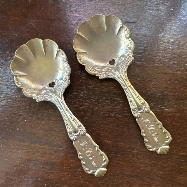 Antique Candy Serving Spoons Advertising THE DELICIOUS 2 Embossed Metal Servers