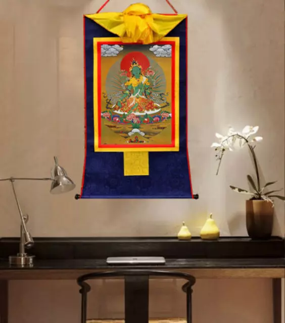 12.9" Silk Brocaded Blessed Golden Wood Scroll Tibetan Thangka: = Green Tara