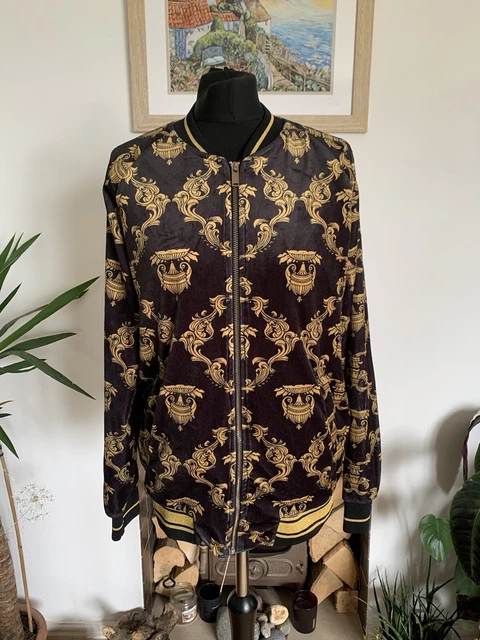 Rare ZARA MAN Gold & Black Patterned Velvet Bomber Jacket Coat - Size M - Mens