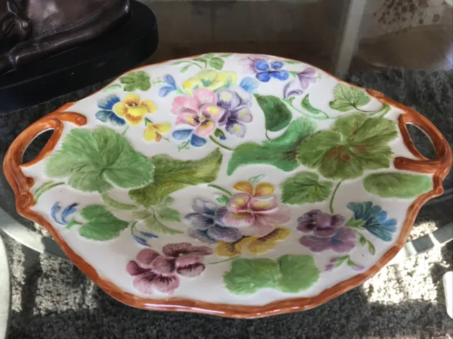Beautiful Hand Painted Pansies & Violets Porcelain Handled Cake Plate 11.5" XLNT