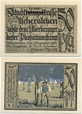 ASCHERSLEBEN, 1 SCHEIN Notgeld 1921, Bauer Bäume Garten, 50 Pfennig EUR