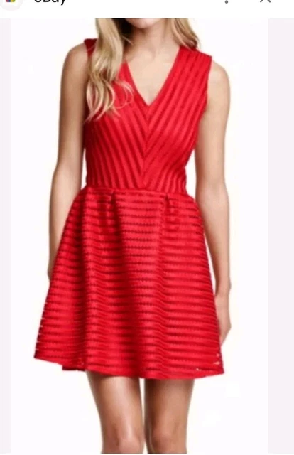H&M DRESS 12 RED MESH STRIPED Skater Fit & Flare Pleated Formal Summer Size 6