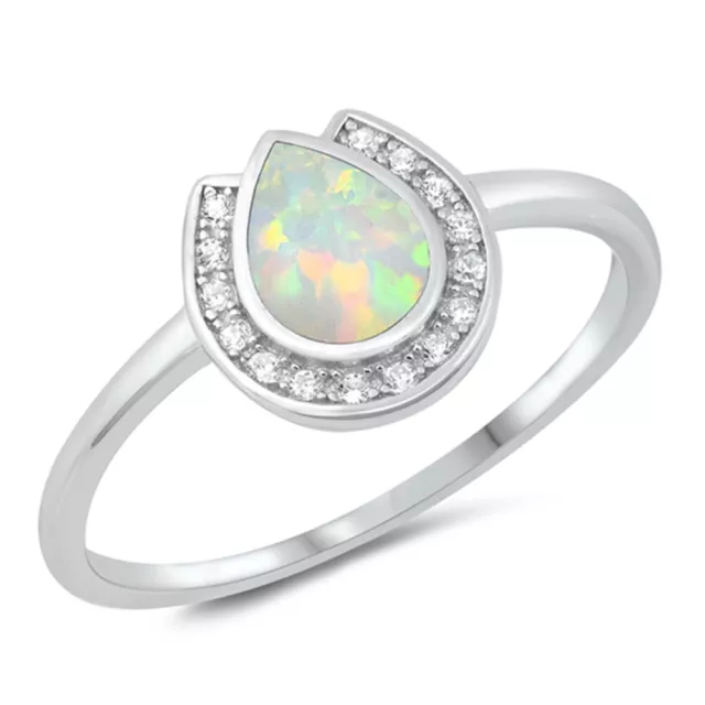 Clear CZ White Lab Opal Horseshoe Ring New .925 Sterling Silver Band Sizes 5-10