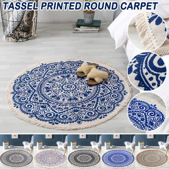 Retro Boho Round Carpet With Tassel Door Floor Mat Cotton Linen Rug Home Decor