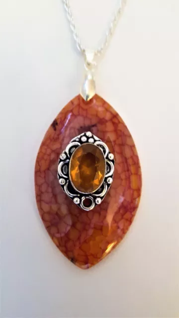 Yellow & Brown Dragon Vein Agate Tibetan Silver Center W/Topaz Crystal Pendant