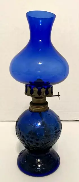 Cobalt Blue Glass Oil Lamp Embossed Vintage