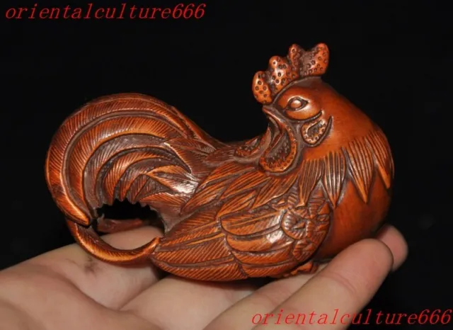3"Chinese boxwood wood carven Feng shui wealth animal zodiac chicken statue