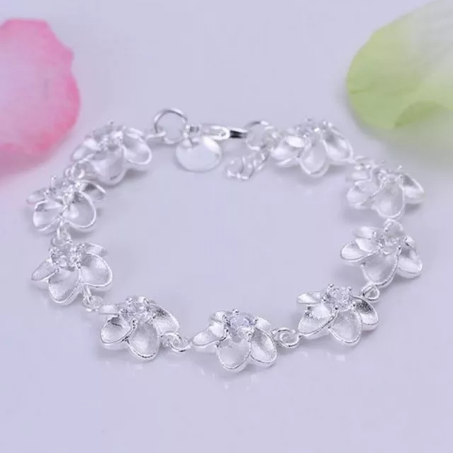 Fashion 925Sterling Solid Silver Jewelry Crystal Flower Bracelet For Women H179