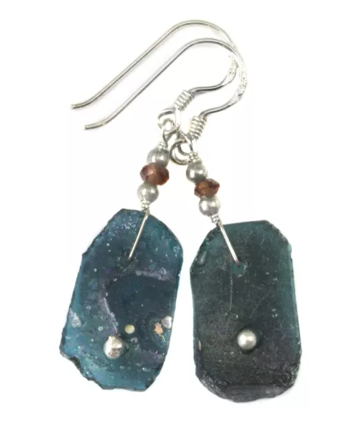Ancient Roman Glass Earrings Green Opalescent Genuine Antique Sterling Silver b