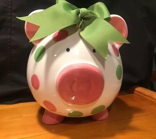 Burton + Burton - Girls Pink & Green Circles Pig Piggy Bank Green Bow Ceramic 