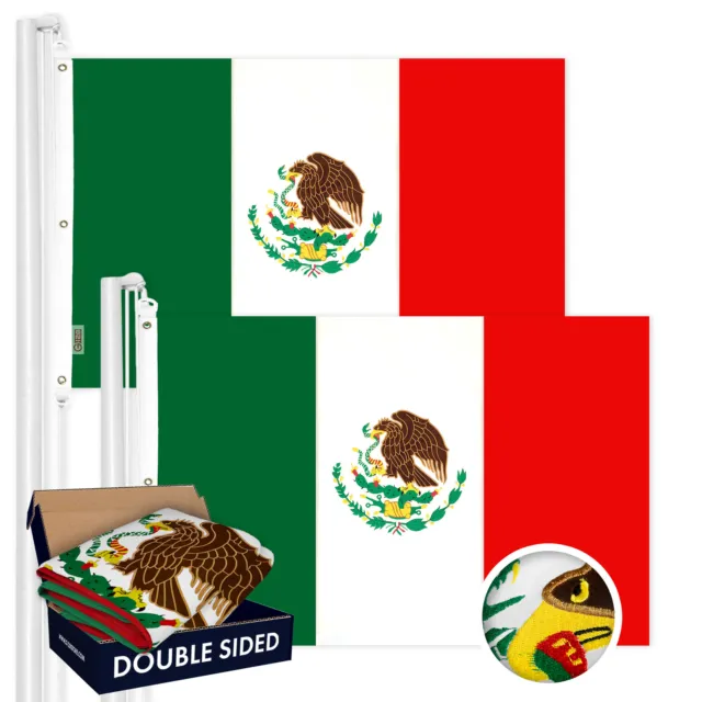 G128 2 Pack: Mexico Mexican Flag 5x8 Ft Double Sided Emb 210D Polyester 2-ply