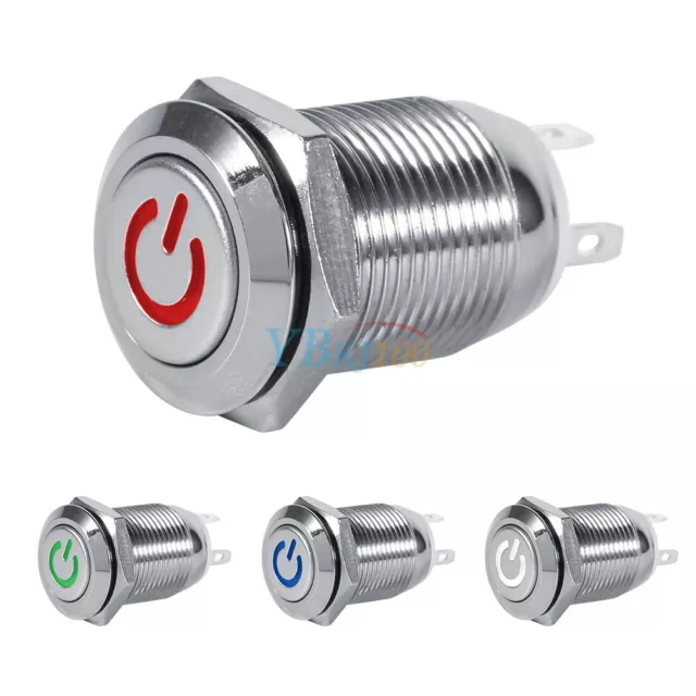 12V 12mm LED Power On/Off Push Button Switch Waterproof Metal Momentary Type