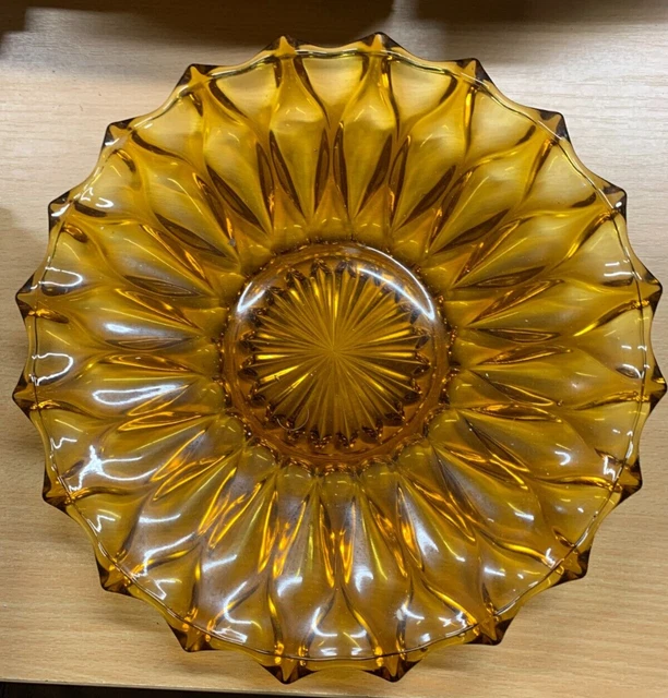 *RARE* VINTAGE GOTHIC AMBER GLASS SUNBURST 29.5cm WIDE 1.3kg LARGE BOWL (P8) AB