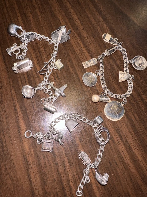 Three Very Old Estate Sterling Silver Charm Braclets W/ 24 Sterling Charms